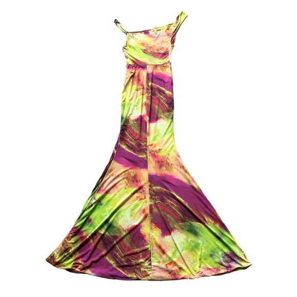 Club L PHANTASY LIME PRINT NECKLINE COWL MAXI DRESS Rainbow size 2 Sexy Disco - Picture 3 of 10